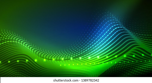 Glowing abstract wave on dark, shiny motion, magic space light. Vector techno abstract background