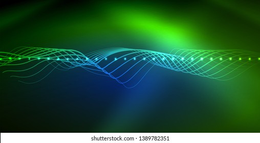 Glowing abstract wave on dark, shiny motion, magic space light. Vector techno abstract background
