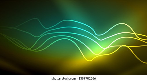 Glowing abstract wave on dark, shiny motion, magic space light. Vector techno abstract background