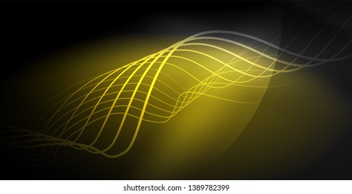 Onda abstrata brilhante no escuro, movimento brilhante, luz do espaço mágico. Plano de fundo abstrato do tecno vetorial