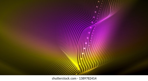 Glowing abstract wave on dark, shiny motion, magic space light. Vector techno abstract background