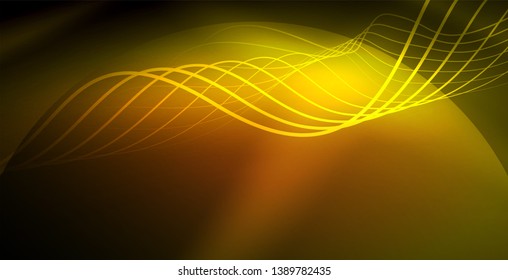 Glowing abstract wave on dark, shiny motion, magic space light. Vector techno abstract background