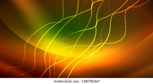 Glowing abstract wave on dark, shiny motion, magic space light. Vector techno abstract background