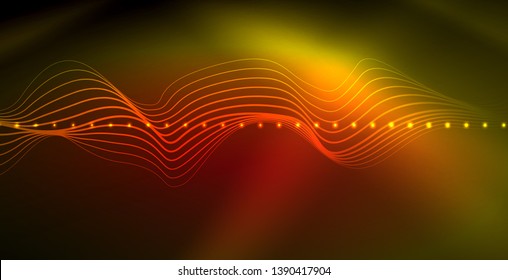 Glowing abstract wave on dark, shiny motion, magic space light. Vector techno abstract background