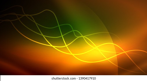 Glowing abstract wave on dark, shiny motion, magic space light. Vector techno abstract background