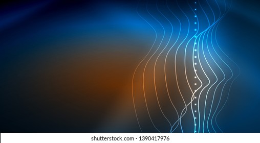 Glowing abstract wave on dark, shiny motion, magic space light. Vector techno abstract background, blue color