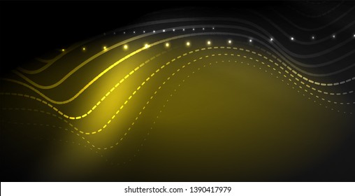 Glowing abstract wave on dark, shiny motion, magic space light. Vector techno abstract background