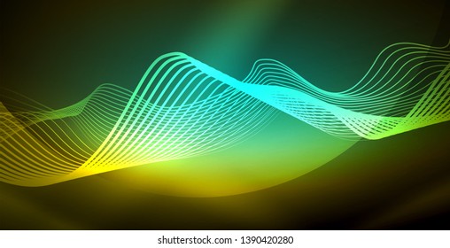 Glowing abstract wave on dark, shiny motion, magic space light. Vector techno abstract background