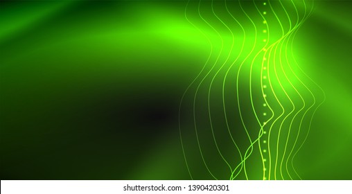 Onda abstrata brilhante no escuro, movimento brilhante, luz do espaço mágico. Plano de fundo abstrato do tecno vetorial