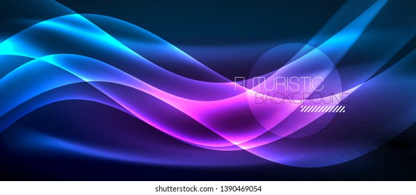 Glowing abstract wave on dark, shiny motion, magic space light. Vector techno abstract background
