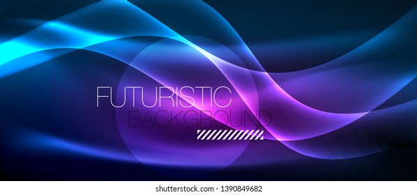 Glowing abstract wave on dark, shiny motion, magic space light. Vector techno abstract background