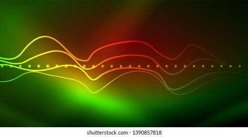 Glowing abstract wave on dark, shiny motion, magic space light. Vector techno abstract background