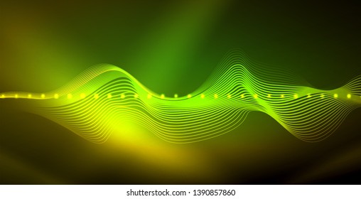 Glowing abstract wave on dark, shiny motion, magic space light. Vector techno abstract background