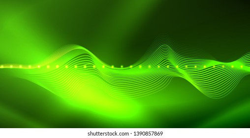 Glowing abstract wave on dark, shiny motion, magic space light. Vector techno abstract background