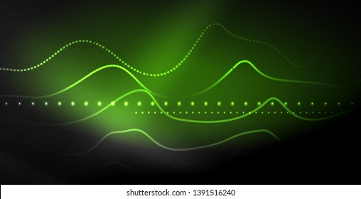 Onda abstrata brilhante no escuro, movimento brilhante, luz do espaço mágico. Plano de fundo abstrato do tecno vetorial
