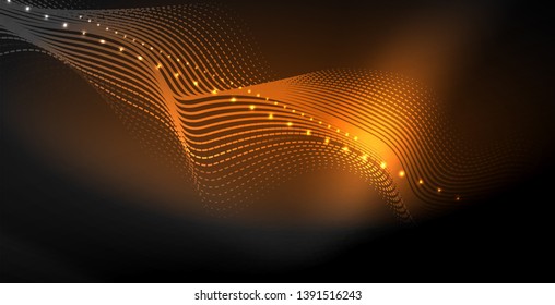 Glowing abstract wave on dark, shiny motion, magic space light. Vector techno abstract background