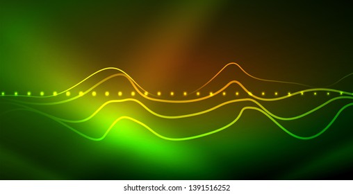 Glowing abstract wave on dark, shiny motion, magic space light. Vector techno abstract background