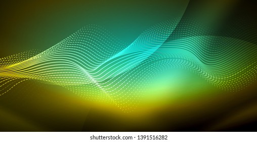 Glühende abstrakte Welle auf dunkler, glänzender Bewegung, zauberhaftes Raumlicht. Abstrakter Vektorgrafik-Hintergrund
