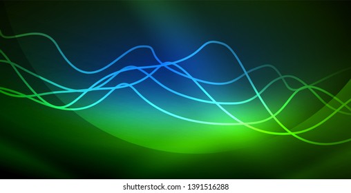 Glowing abstract wave on dark, shiny motion, magic space light. Vector techno abstract background