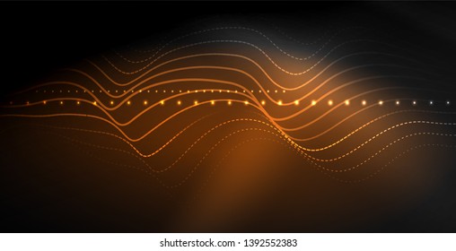 Glowing abstract wave on dark, shiny motion, magic space light. Vector techno abstract background