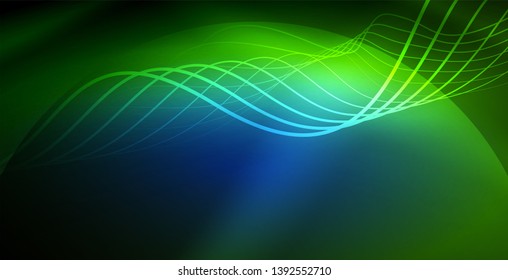 Glowing abstract wave on dark, shiny motion, magic space light. Vector techno abstract background