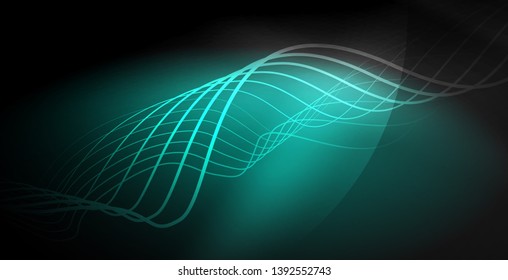 Glowing abstract wave on dark, shiny motion, magic space light. Vector techno abstract background