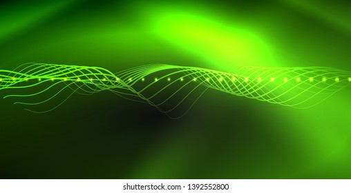 Glowing abstract wave on dark, shiny motion, magic space light. Vector techno abstract background