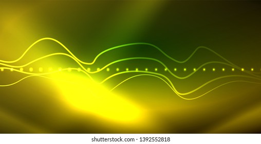 Glowing abstract wave on dark, shiny motion, magic space light. Vector techno abstract background