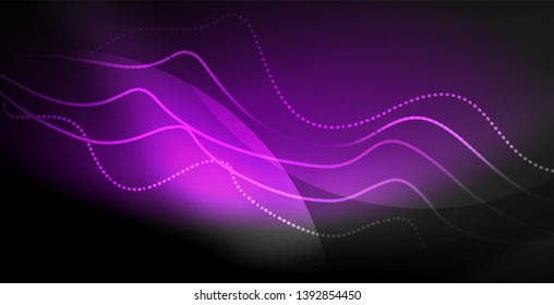 Glowing abstract wave on dark, shiny motion, magic space light. Vector techno abstract background