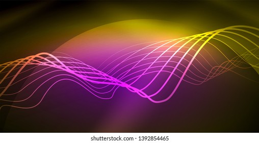 Glowing abstract wave on dark, shiny motion, magic space light. Vector techno abstract background