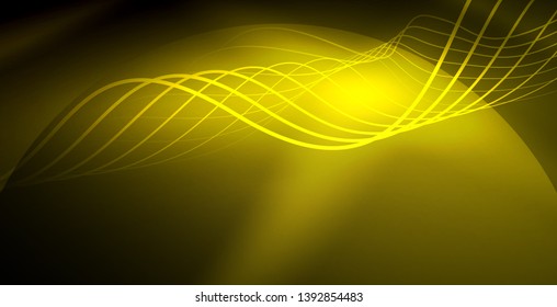 Glowing abstract wave on dark, shiny motion, magic space light. Vector techno abstract background