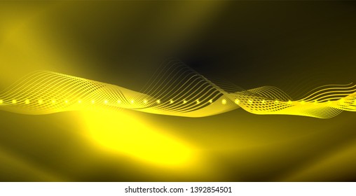 Glowing abstract wave on dark, shiny motion, magic space light. Vector techno abstract background