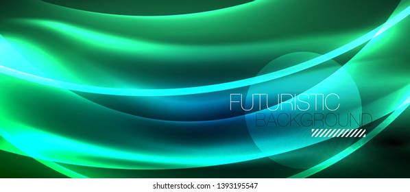 Glowing abstract wave on dark, shiny motion, magic space light. Vector techno abstract background