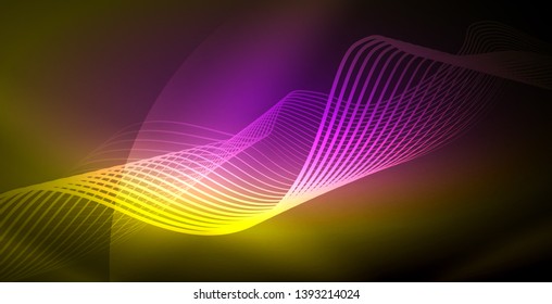 Glowing abstract wave on dark, shiny motion, magic space light. Vector techno abstract background