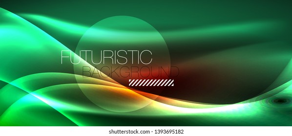 Glowing abstract wave on dark, shiny motion, magic space light. Vector techno abstract background