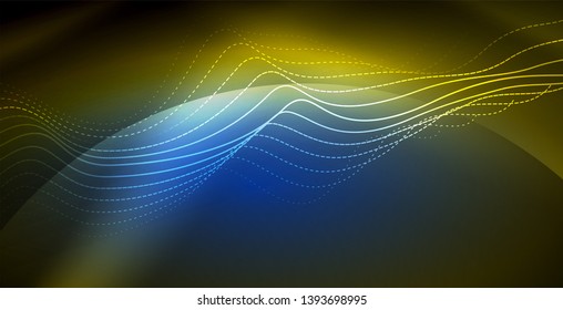 Glowing abstract wave on dark, shiny motion, magic space light. Vector techno abstract background