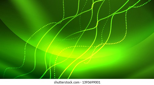 Glühende abstrakte Welle auf dunkler, glänzender Bewegung, zauberhaftes Raumlicht. Abstrakter Vektorgrafik-Hintergrund