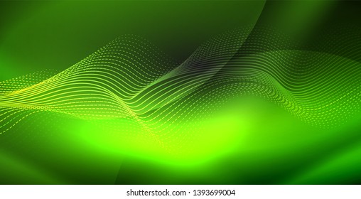 Glowing abstract wave on dark, shiny motion, magic space light. Vector techno abstract background