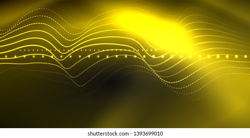 Glowing abstract wave on dark, shiny motion, magic space light. Vector techno abstract background