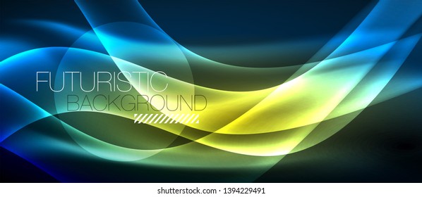 Glowing abstract wave on dark, shiny motion, magic space light. Vector techno abstract background