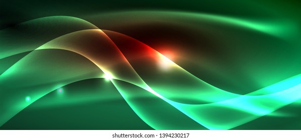 Glowing abstract wave on dark, shiny motion, magic space light. Vector techno abstract background