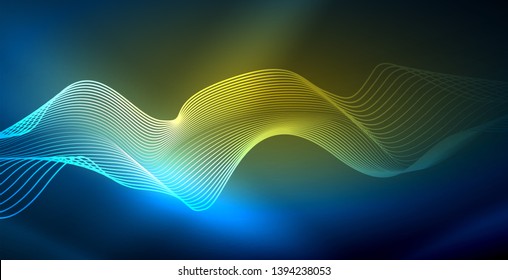 Ola abstracta brillante en movimiento oscuro y brillante, luz espacial mágica. Fondo abstracto vectorial techno, color azul
