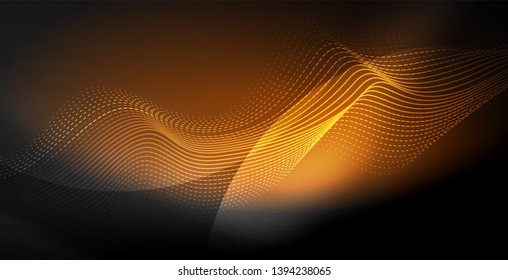Glowing abstract wave on dark, shiny motion, magic space light. Vector techno abstract background