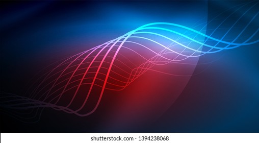 Glowing abstract wave on dark, shiny motion, magic space light. Vector techno abstract background, blue color