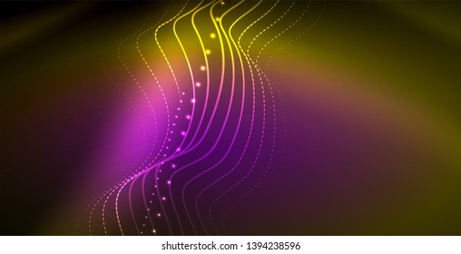 Glowing abstract wave on dark, shiny motion, magic space light. Vector techno abstract background