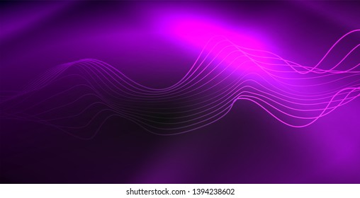 Glowing abstract wave on dark, shiny motion, magic space light. Vector techno abstract background