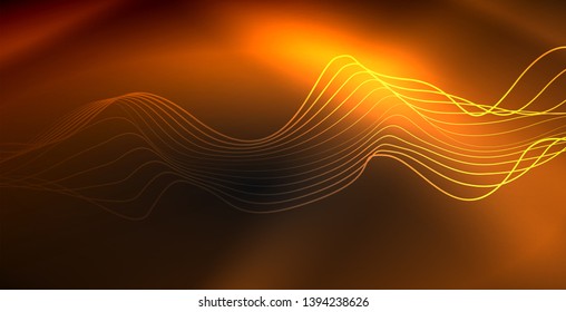 Glowing abstract wave on dark, shiny motion, magic space light. Vector techno abstract background
