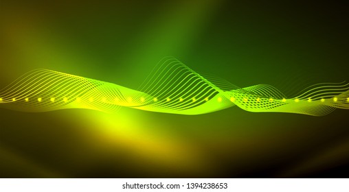 Glowing abstract wave on dark, shiny motion, magic space light. Vector techno abstract background