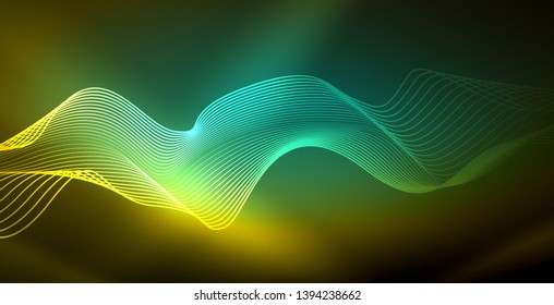 Ola abstracta brillante en movimiento oscuro y brillante, luz espacial mágica. Fondo abstracto Vector Techno