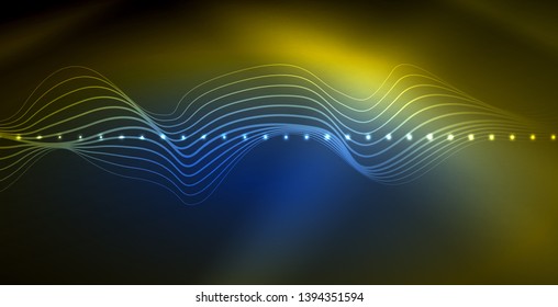 Glowing abstract wave on dark, shiny motion, magic space light. Vector techno abstract background